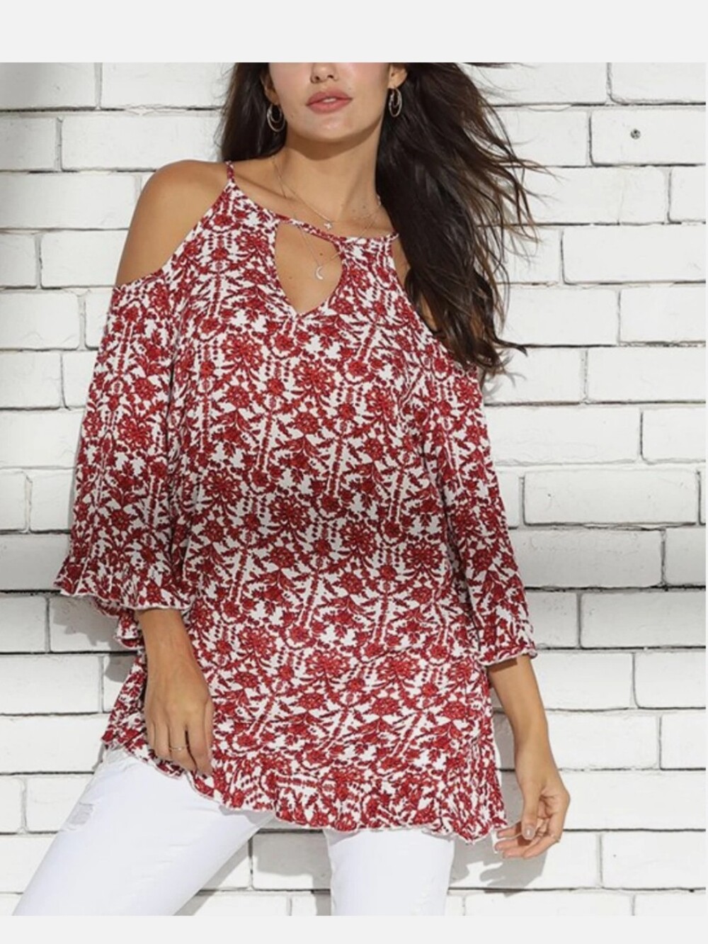 Cold-Shoulder Red Floral Print Women's Top